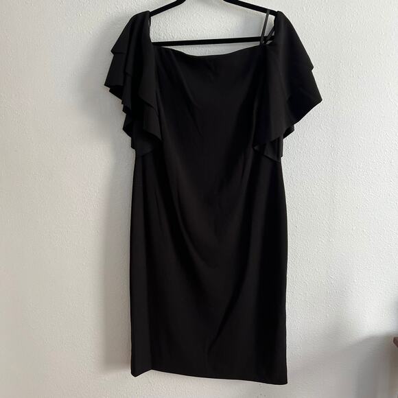 New Ralph Lauren Black Midi Bodycon Dress Ruffle Off Shoulder Back Zip Sz 16 - Picture 1 of 6